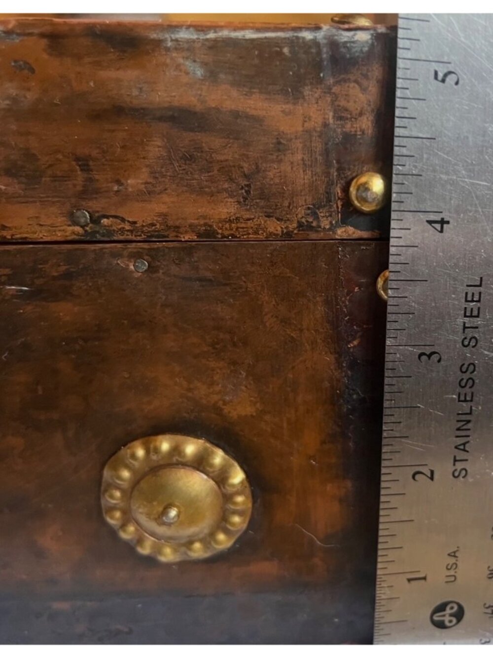 Antique Anglo-Indian Coper Clad Wood Box Brass Hardware & Handles c.1900 Patina - Picture 11 of 16